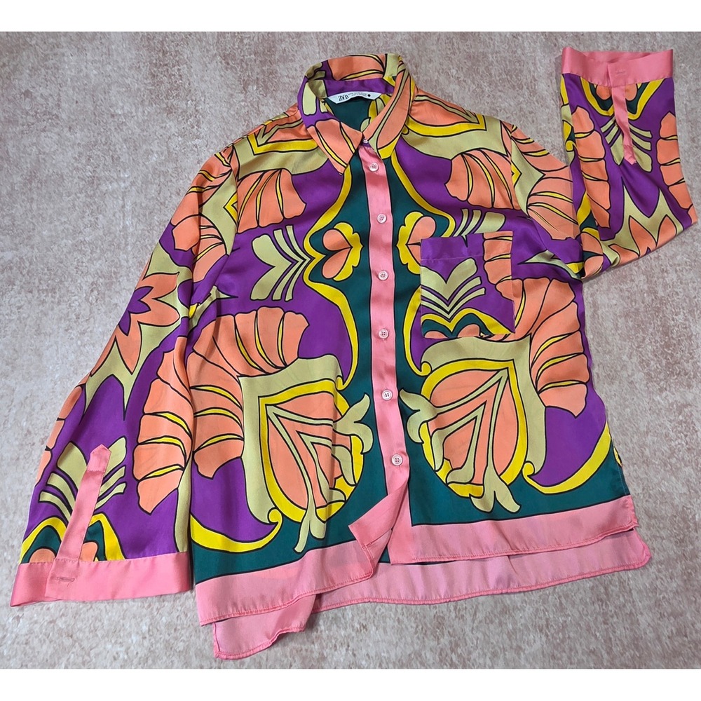 Zara Womens XL Psychedelic Floral Satin Blouse Shirt Purple Orange 3526/781